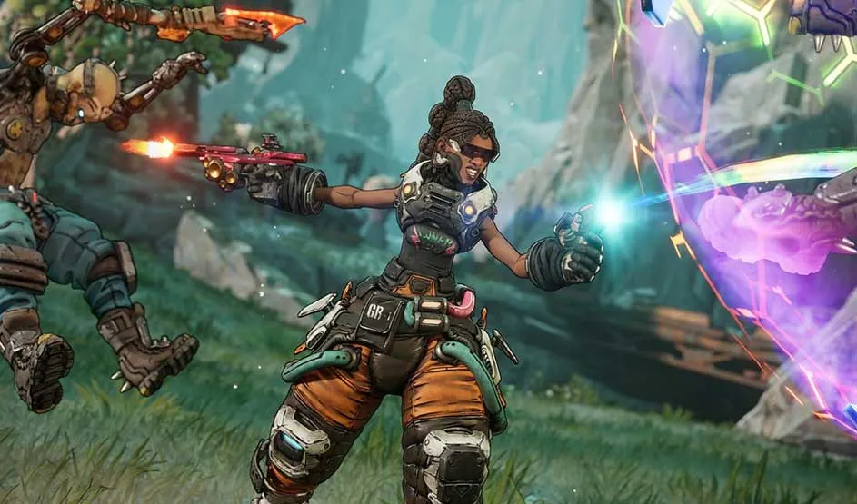 Een vrouwelijke held vuurt een pistool af en gebruikt blauwe energie, met kleurrijke actie en vijanden om haar heen. De stijl is van Borderlands 3.