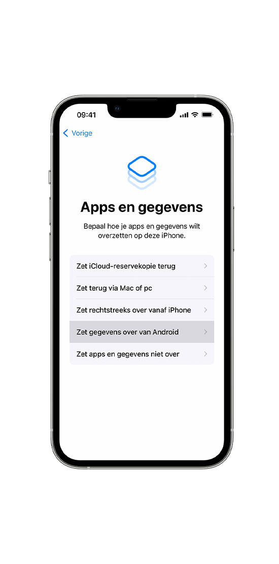 iPhone-scherm met 'Apps en gegevens' opties: iCloud, Mac, iPhone, Android, of niet overzetten.