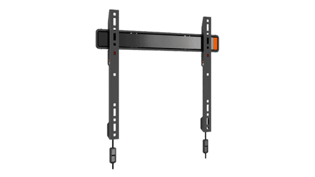 Een grijze tv-muurbeugel met twee verticale stangen, een horizontale balk en montagehardware tegen een witte achtergrond.