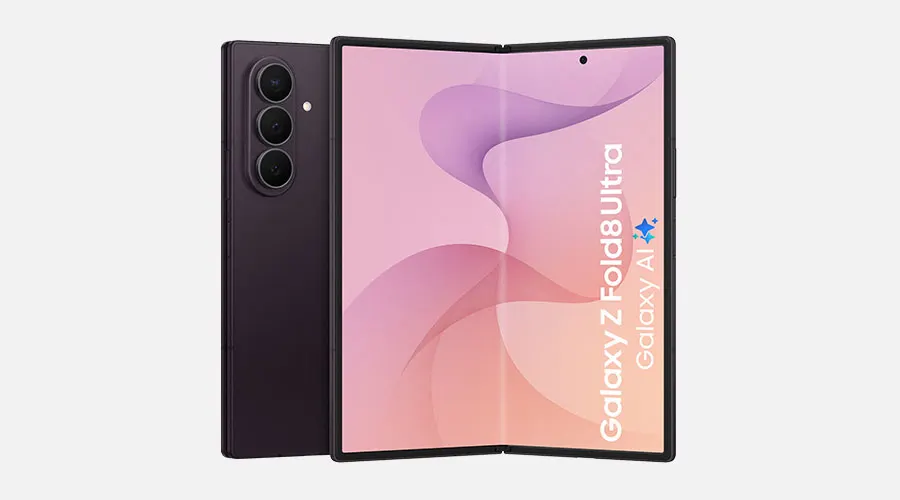 Samsung Galaxy Z Fold8 Ultra in opengevouwen stand met groot scherm en drievoudige camera.
