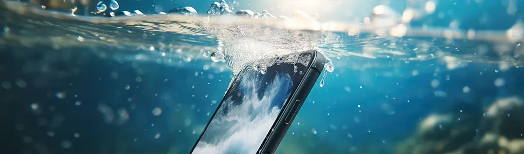 A smartphone sits partially submerged in clear blue water, creating splashes and bubbles around it.