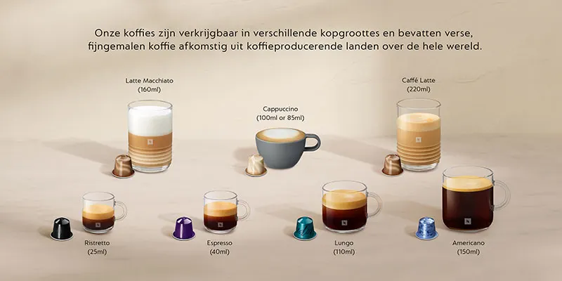 Diverse koffiedranken in glazen en een kopje, met capsules in goud, zwart, paars en blauw op een beige achtergrond.