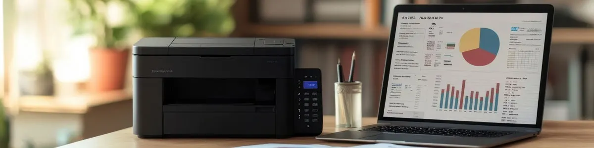Een zwarte Brother printer en een laptop met grafieken op het scherm staan samen op een bureau in een lichte werkkamer.