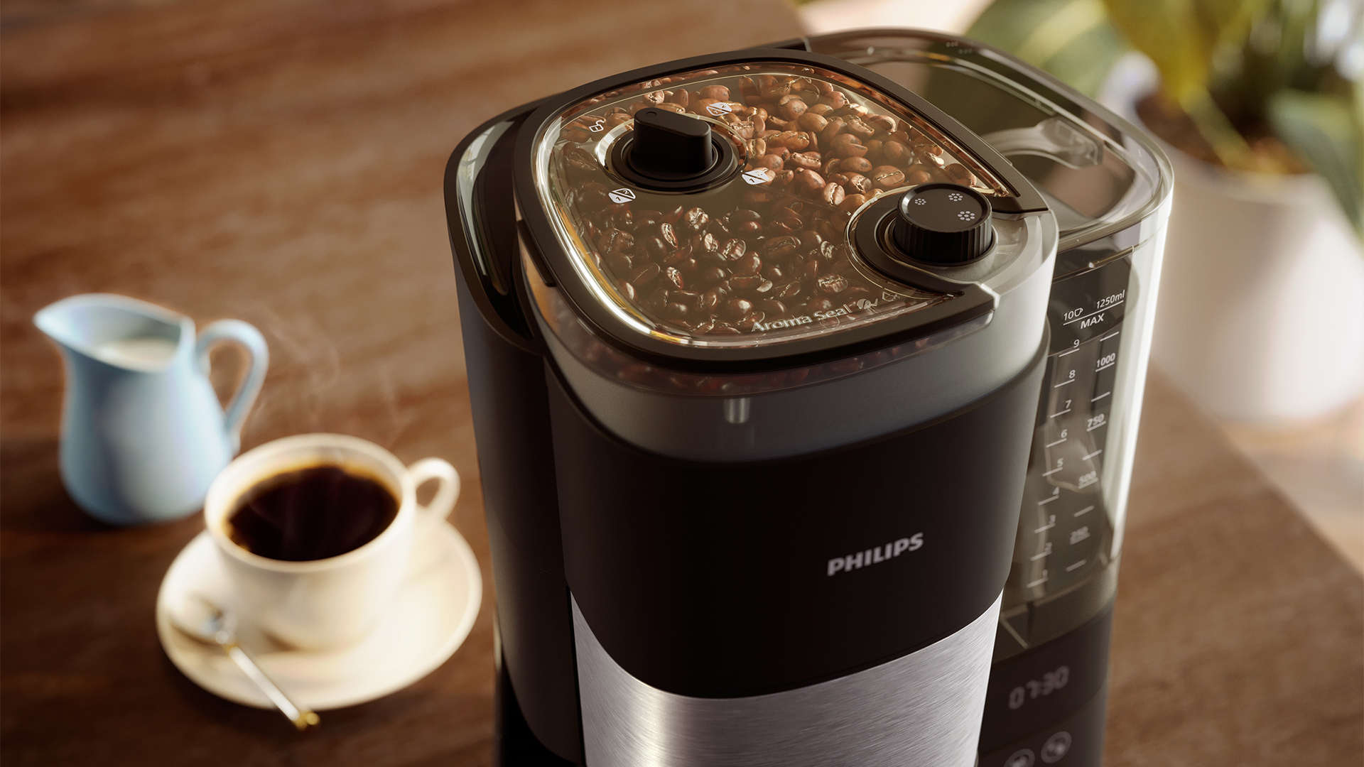Koffiezetapparaat met bonenreservoir, kop koffie, melkkan. Koffiebonen zichtbaar. Waterreservoir met niveaanduiding. Philips logo.