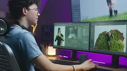 Een persoon zit achter een bureau met meerdere computerschermen in een paars belichte kamer.