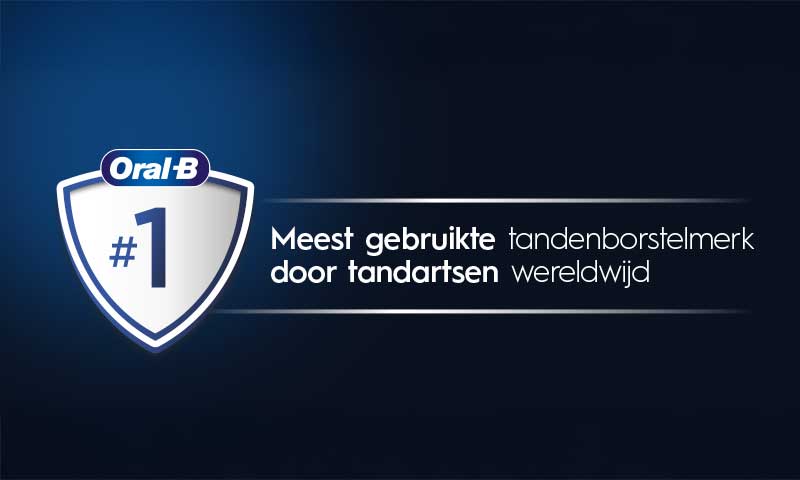 Donkerblauwe Oral‑B‑advertentie met een schild #1 en de tekst dat dit het meest gebruikte tandenborstelmerk door tandartsen wereldwijd is.