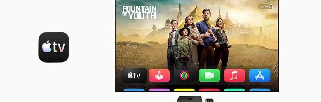Op een grote tv verschijnt een avonturenserie met een gezin, onderaan icoontjes van Apple TV apps en streamingdiensten in felle kleuren.