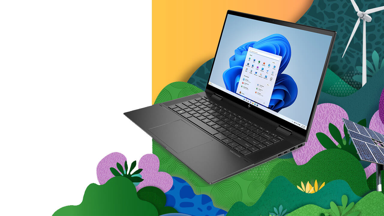 Laptop met Windows 11-scherm, omringd door illustraties van een windmolen, zonnepaneel, groene heuvels en paarse bloemen.