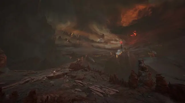 Een landschap met rotsen en bergen onder een bewolkte lucht met rode en oranje tinten.