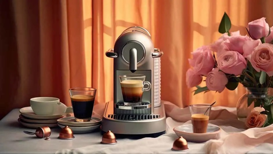 A Nespresso coffee machine stands on a table with cups, capsules, and a glass of espresso, beside a vase of pink roses and orange curtains.