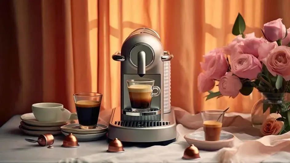 A Nespresso coffee machine stands on a table with cups, capsules, and a glass of espresso, beside a vase of pink roses and orange curtains.