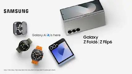 Samsung-reclame met telefoons, oordopjes en horloges op een witte achtergrond. De Galaxy Z Fold 6 en Z Flip 6 worden getoond.
