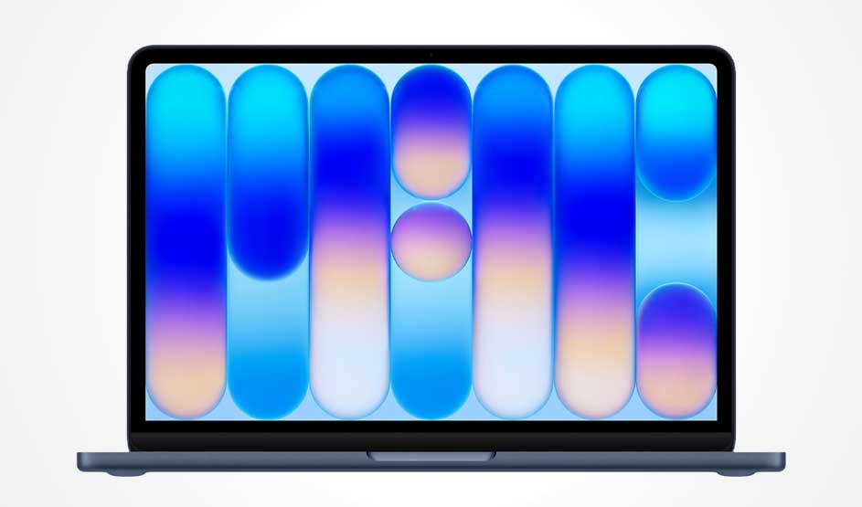 Blauwe laptop recht van voren, scherm vol langwerpige blauwe en paarse capsules op lichte achtergrond, als een zachte abstracte lichtshow.