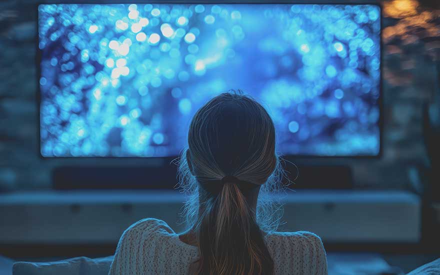 The photograph shows a woman, seen from behind, sitting on a sofa and watching a large television screen. 
