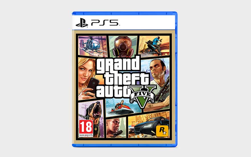 A PS5 copy of Grand Theft Auto V shows the iconic collage cover featuring characters, vehicles and the PEGI 18 badge.