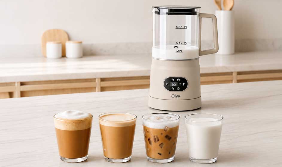 Een witte melkopschuimer staat op een licht aanrecht, met vier glazen drankjes ervoor: koffie, latte, ijskoffie en melk.