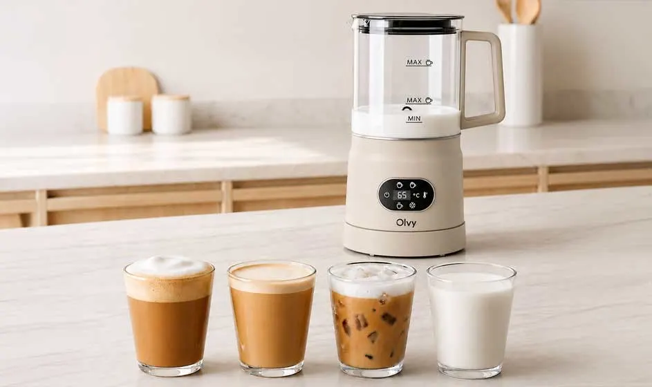 Een witte melkopschuimer staat op een licht aanrecht, met vier glazen drankjes ervoor: koffie, latte, ijskoffie en melk.