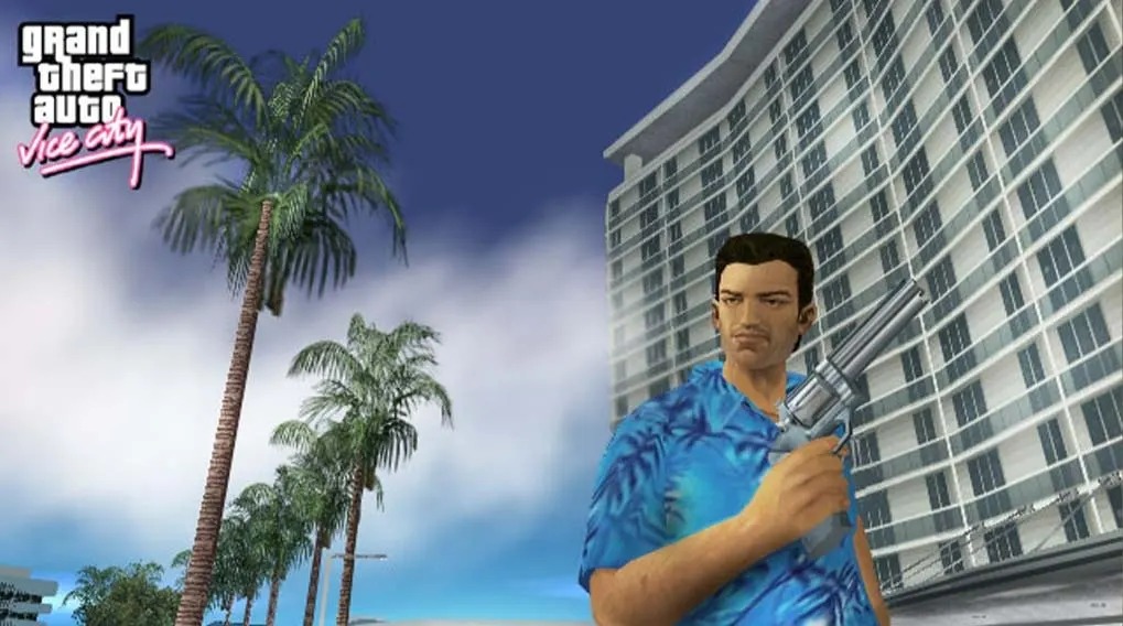 Man in a blue Hawaiian shirt grips a silver revolver before a tall modern hotel and rows of swaying palm trees.