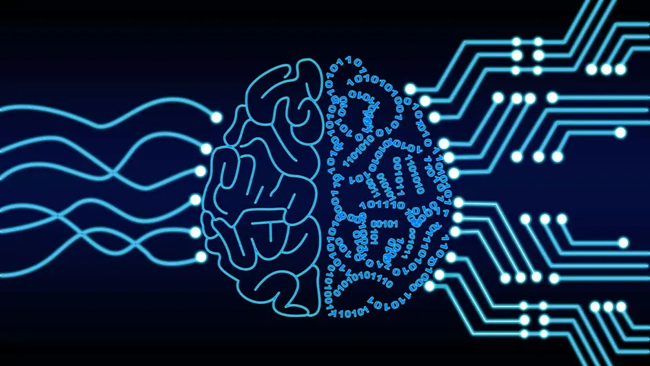 Blauw schema toont een hersenhelft, binaire code, en een circuitbord tegen een donkere achtergrond.