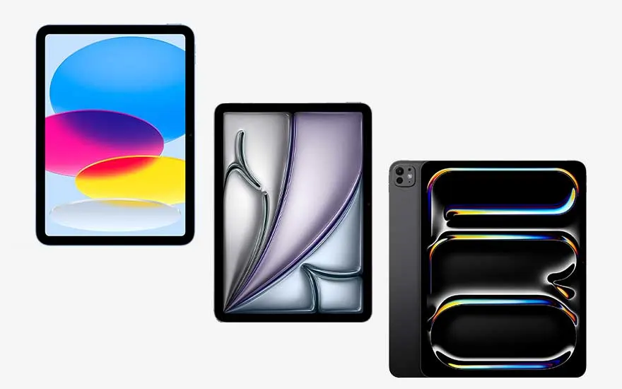 Drie tablets naast elkaar tonen kleurrijke schermen: links felgekleurde ovalen, in het midden paarse abstracte vormen, rechts donkere neonlijnen.