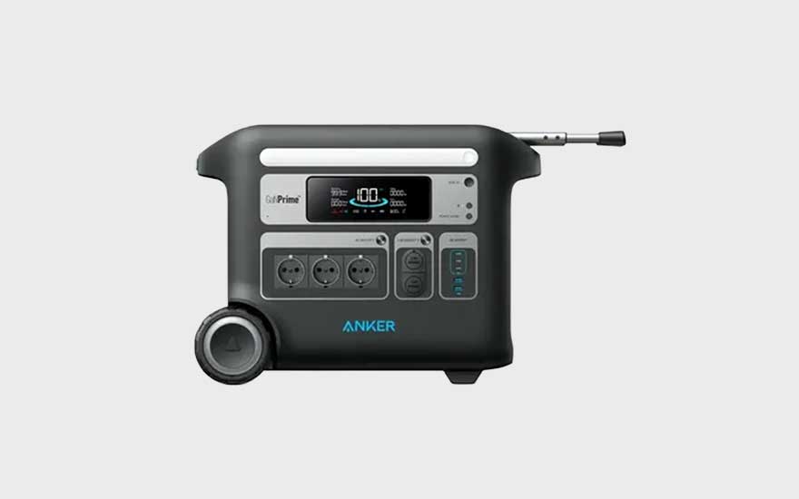 Een robuuste Anker stroomgenerator met handvat en wielen, meerdere stopcontacten en een digitaal scherm, geschikt voor mobiel gebruik.