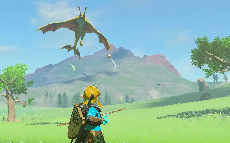 Een blonde avonturier met boog kijkt naar een vliegende draak boven groene heuvels in een kleurrijke fantasy wereld.