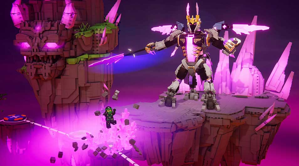 This is a video game. A giant robot with purple lights stands on a floating island while a player jumps among glowing rocks.