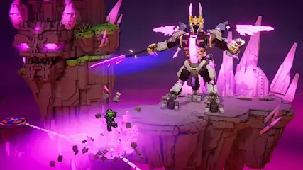 This is a video game. A giant robot with purple lights stands on a floating island while a player jumps among glowing rocks.