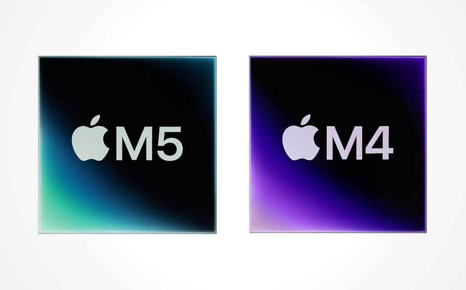 Twee chip-icoontjes naast elkaar: links een Apple M5-blokje met blauwgroene gloed, rechts een Apple M4-blokje met paarse rand.