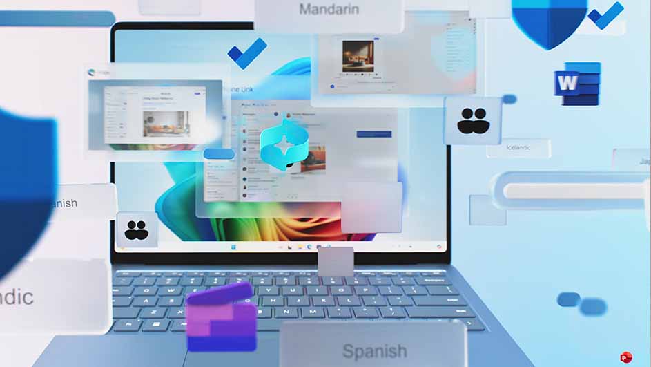 Laptop met Windows-interface, pictogrammen en vensters, waaronder talen, beveiliging en bestanden, op een blauwe achtergrond.