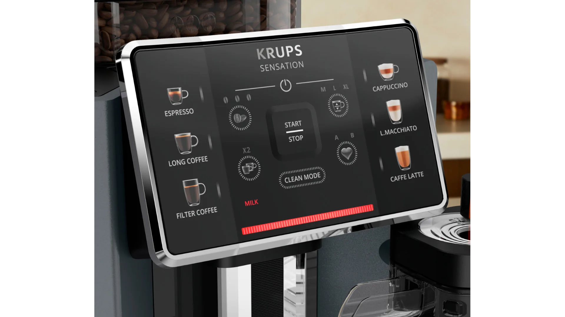 Een koffiezetapparaat van Krups met een zwart display toont opties als espresso, cappuccino en reinigingsmodus.