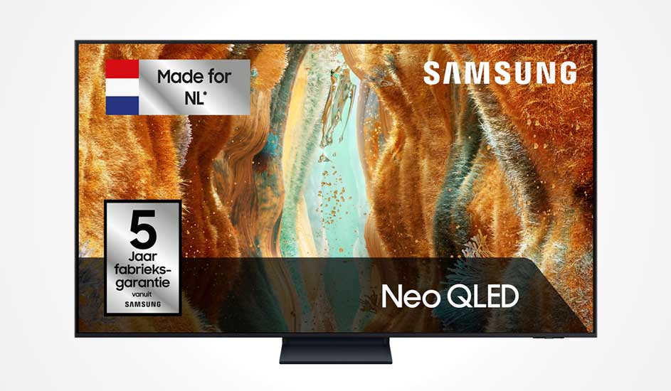 Een Samsung Neo QLED tv met kleurrijk beeld, “Made for NL” label, 5 jaar fabrieksgarantie en groot Samsung-logo rechtsboven.