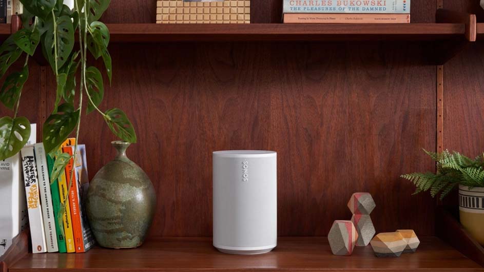 Een plank met boeken, planten, een witte luidspreker en decoratieve geometrische objecten tegen een houten achtergrond.