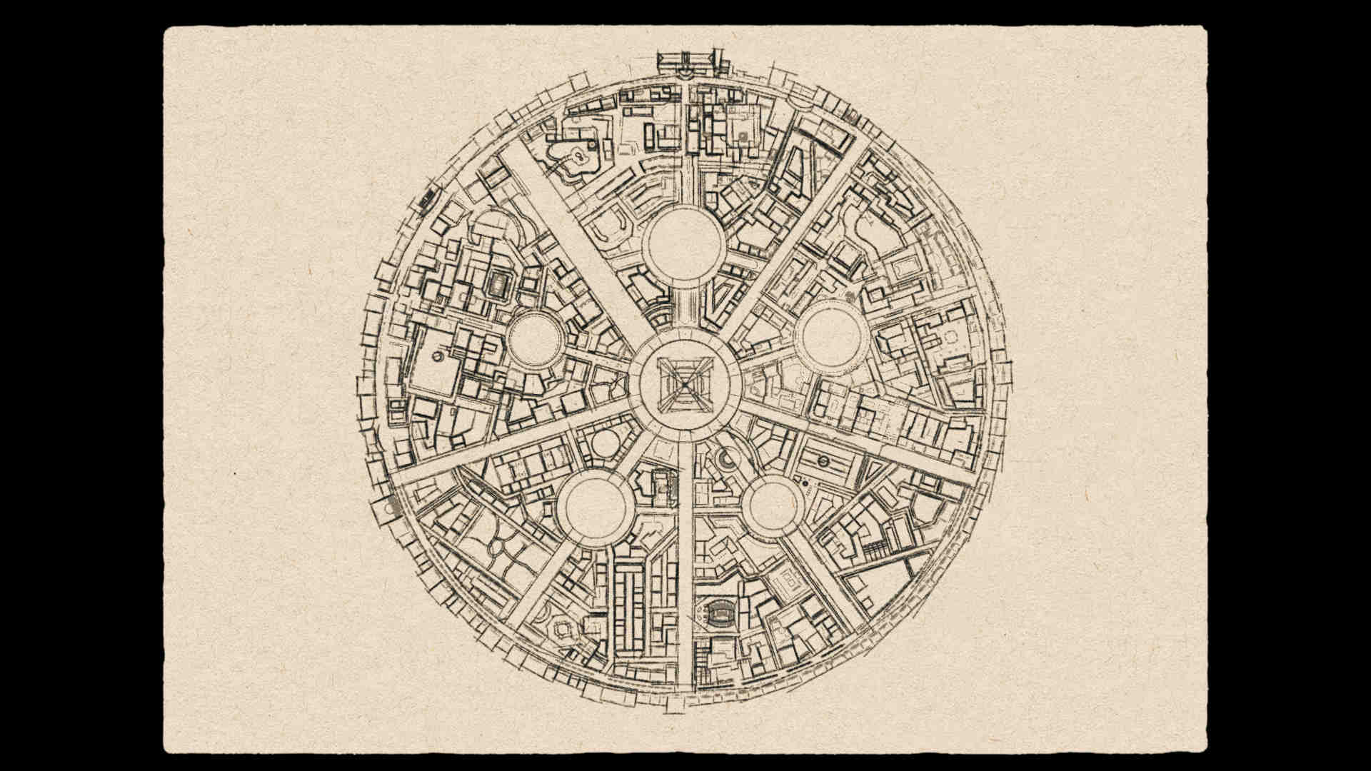 Oude kaarttekening van een ronde stad met radiaal geplaatste straten en cirkelvormige pleinen.