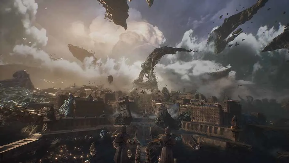 Stenen brok drijft in de lucht boven een verwoeste stad. Mensen kijken toe vanaf een balkon. Bewolkte lucht op de achtergrond.