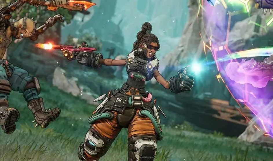 Een getekend personage uit Borderlands vuurt met twee pistolen terwijl een andere vechter en een gekleurde energiebarrière zichtbaar zijn. Het merk is Borderlands.