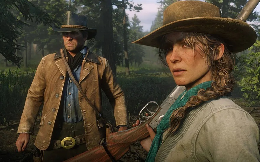 Two people with cowboy hats in a misty forest, dressed in western-style clothing, one holding a gun.