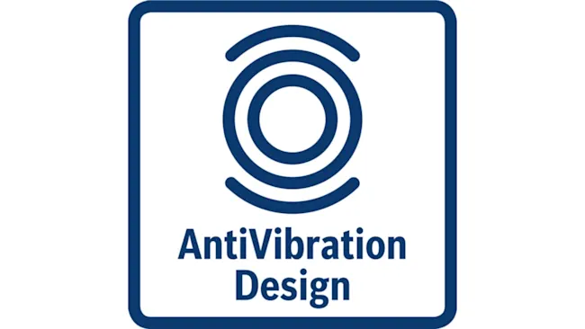Blauw logo met drie concentrische cirkels, tekst "AntiVibration Design" op een witte achtergrond, omgeven door een blauwe rand.