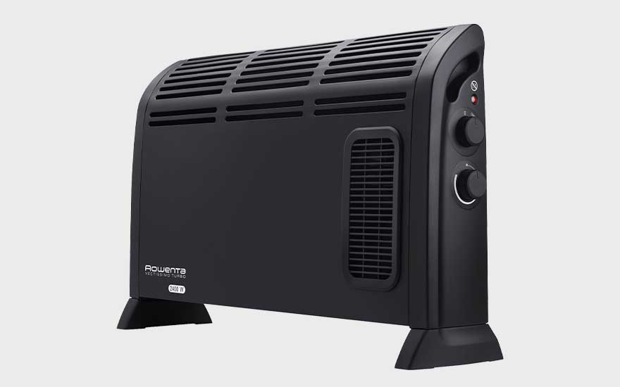 Een zwarte Rowenta convectorkachel met robuust ontwerp en gebruiksvriendelijke knoppen, ontworpen voor krachtige kamerverwarming.