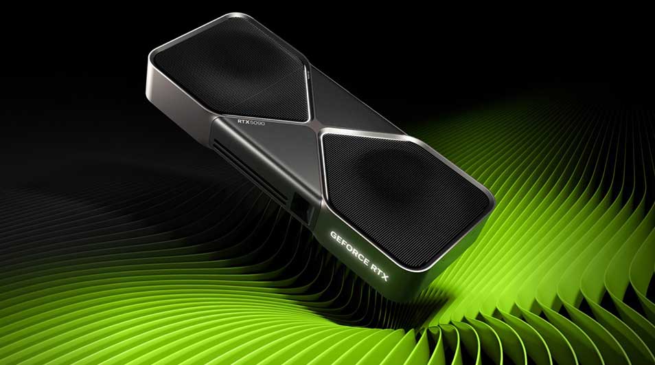 Zwarte en zilveren GeForce RTX grafische kaart op een achtergrond van groene, golvende lijnen tegen een zwarte achtergrond.