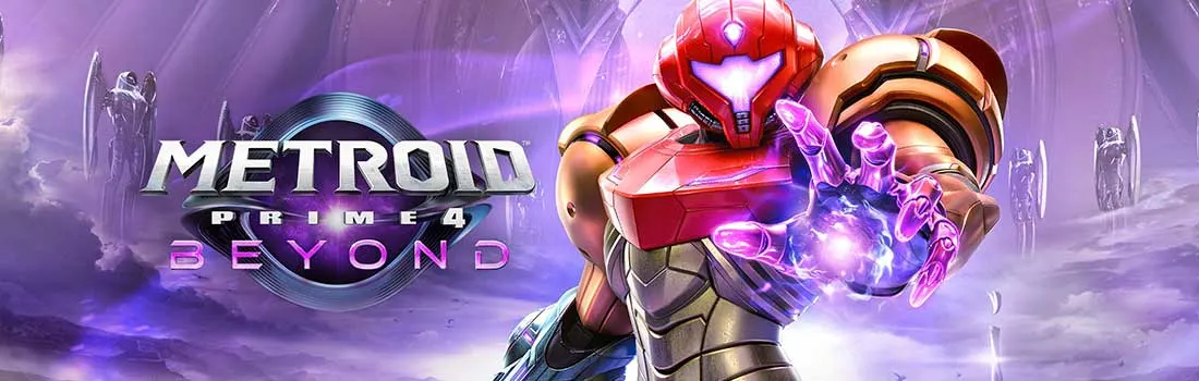 Metroid Prime 4: Beyond logo met Samus die paarse energie uitstraalt tegen een dramatische alien architectuur achtergrond met kristallen.