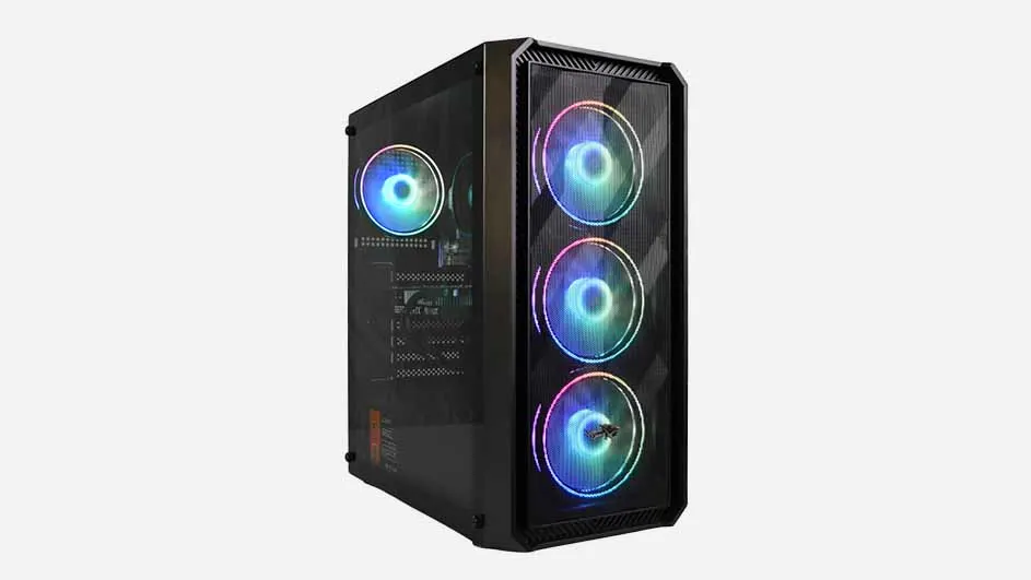 Zwarte computerkast met vier ventilatoren met regenboogkleurige ledverlichting aan de voor- en zijkant.