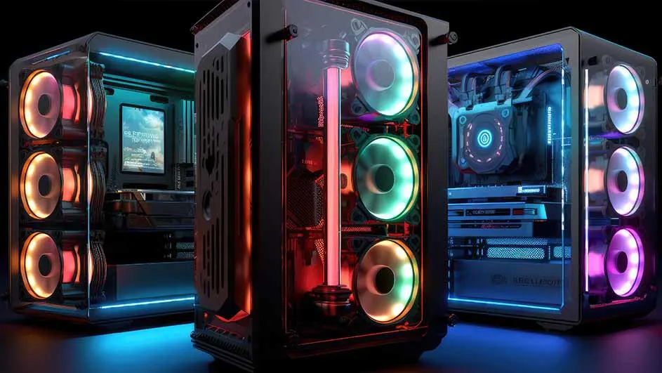 Gaming-pc met glazen zijpaneel en meerkleurige RGB-ventilatoren en waterkoeling, verlicht in een futuristische setup.