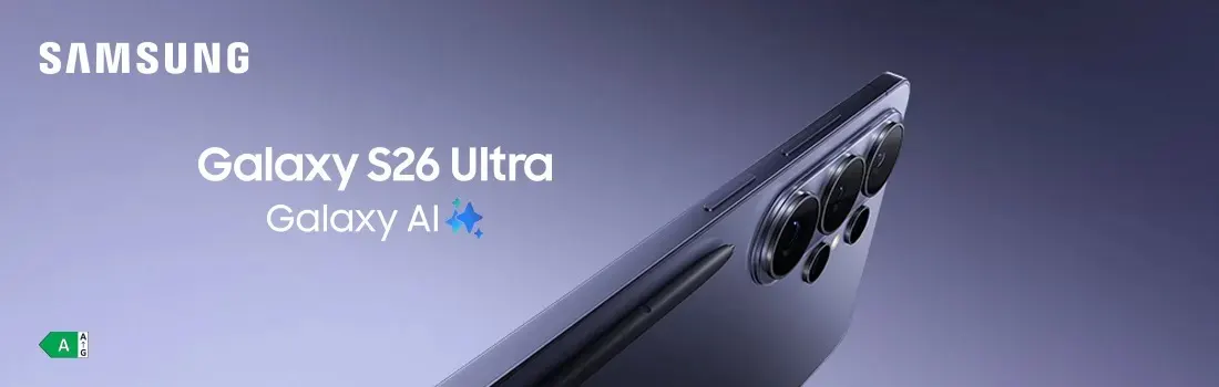 Samsung advert showing an angled close-up of the dark purple Galaxy S26 Ultra with quad camera and stylus, highlighted by the Galaxy AI text.
