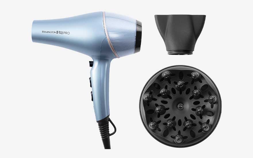 Light blue Remington hairdryer with ribbed detail stands upright, pictured beside a wide concentrator and large black diffuser.