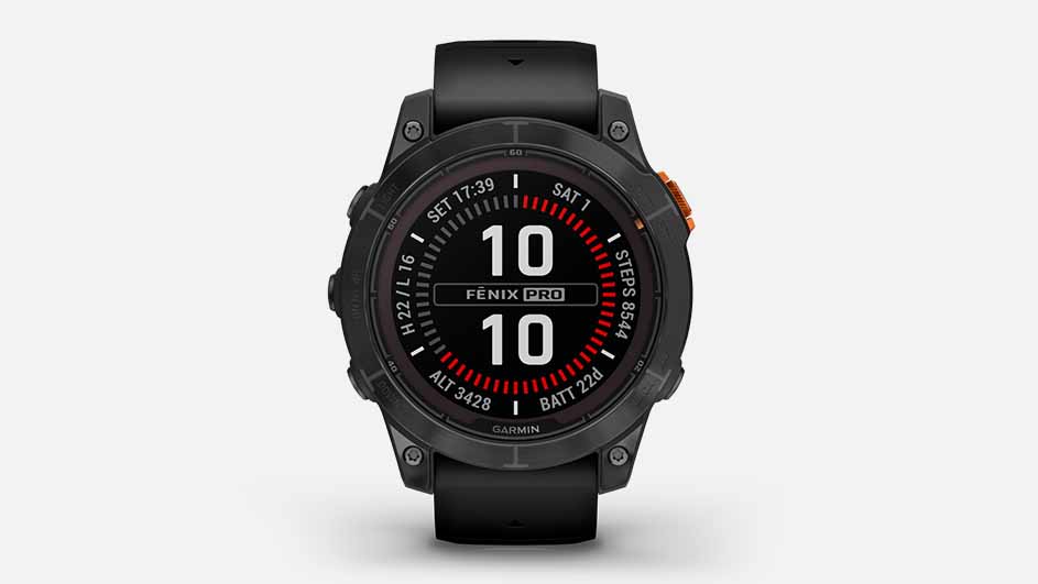 A black Garmin Fenix Pro watch displays '10' twice on its screen. Metrics like 'steps 8544' and 'alt 3428' are also visible.