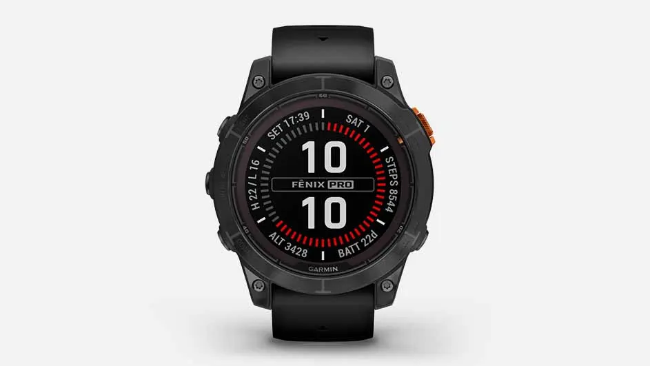 A black Garmin Fenix Pro watch displays '10' twice on its screen. Metrics like 'steps 8544' and 'alt 3428' are also visible.
