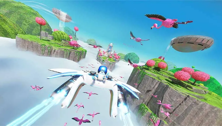 A white spaceship flies through a sky filled with pink birds and floating green islands with pink trees.