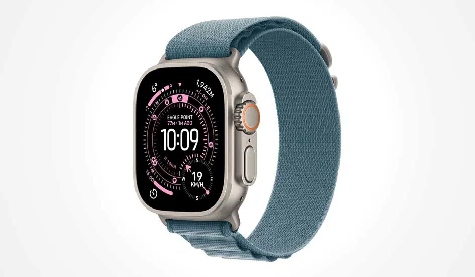 Silver smartwatch with a blue fabric strap, showing a black dial packed with pink fitness stats and the digital time 10:09.