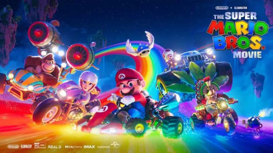 Mario Bros. filmposter met personages in karts voor een regenboog.